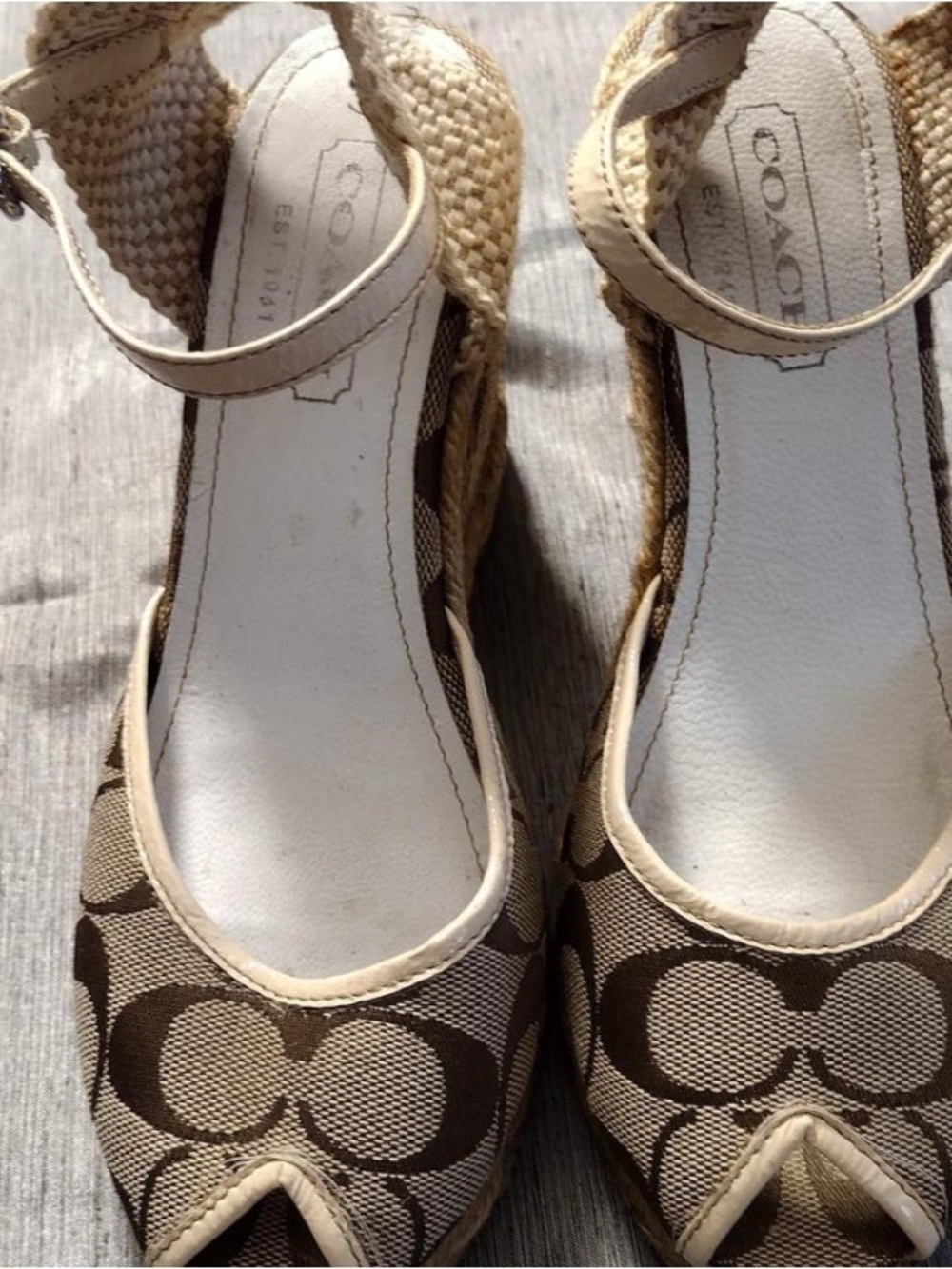 Coach Beige and Brown Signature Espadrille Wedge Sandals